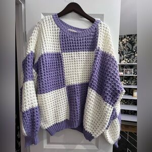 Peach Love Purple and White Checkered Sweater L Large